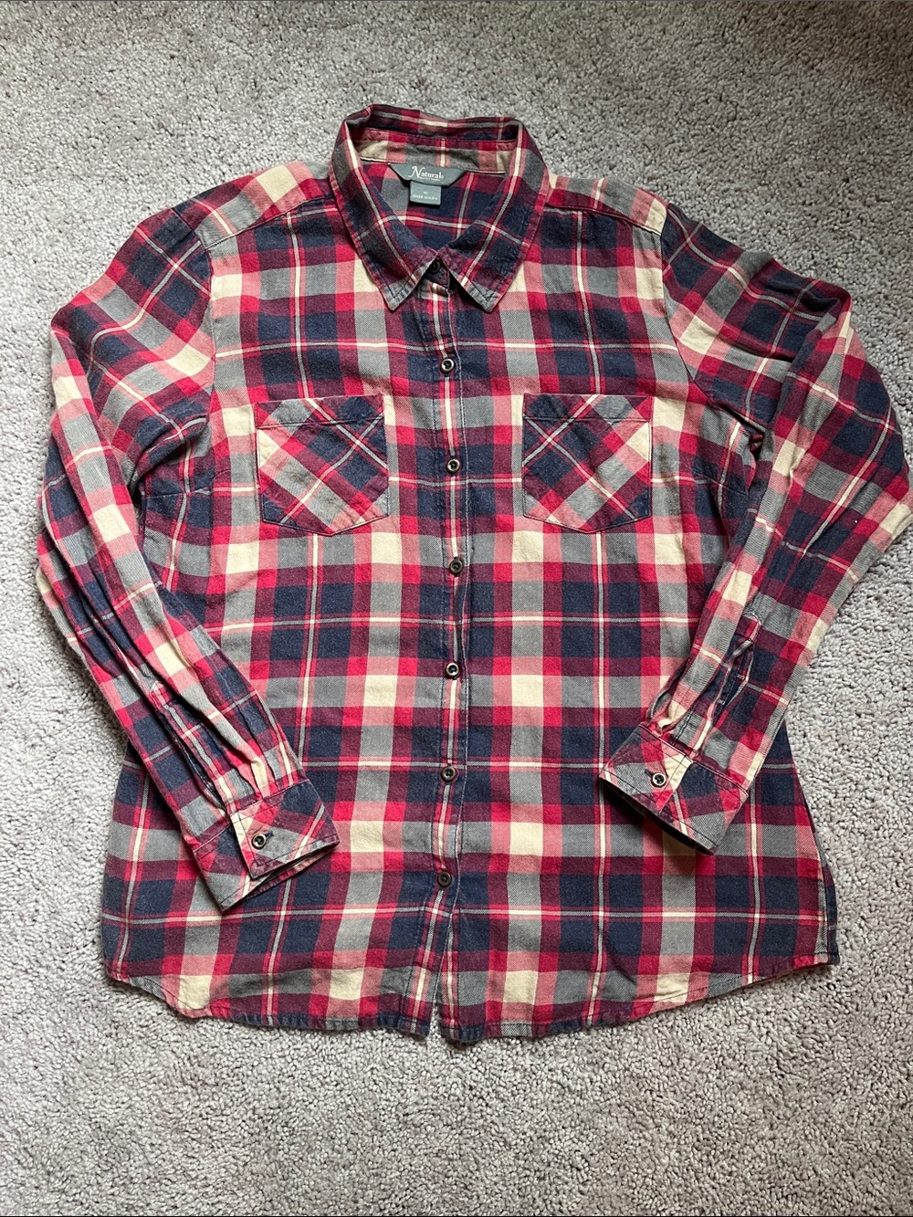 Natural Reflections Red Navy Cream Plaid Button-Down Shirt
